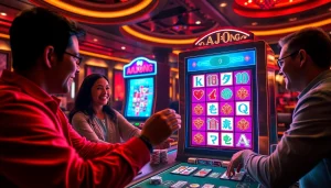Playing slot demo mahjong on a vibrant machine within an elegant casino ambiance.