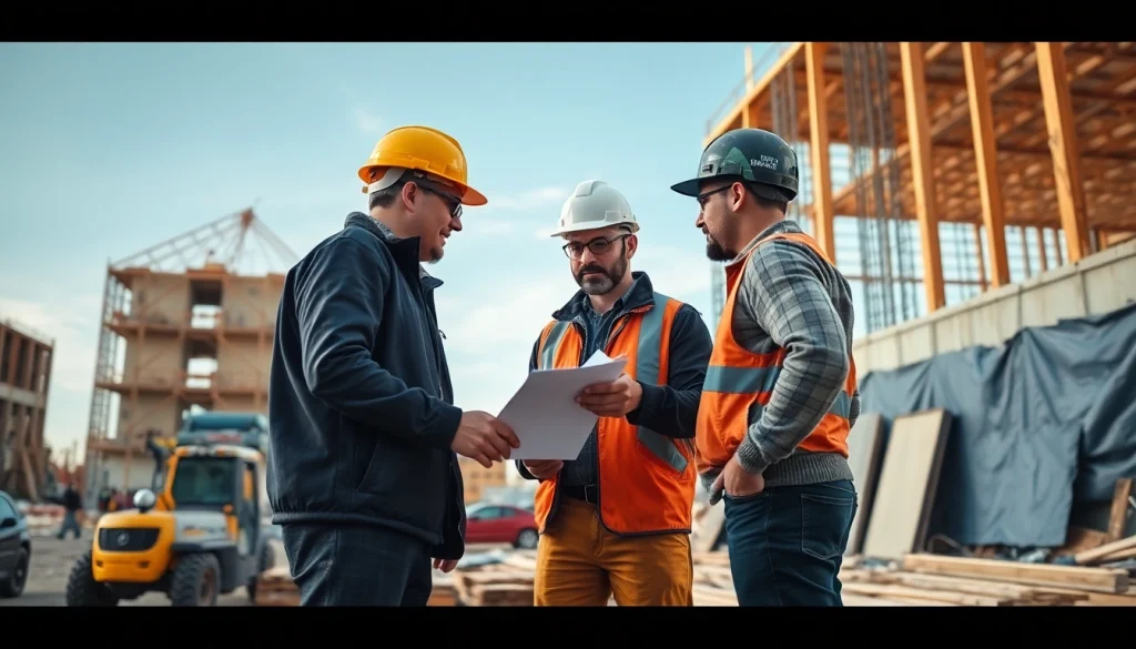 Construction career collaboration among professionals on an active job site.