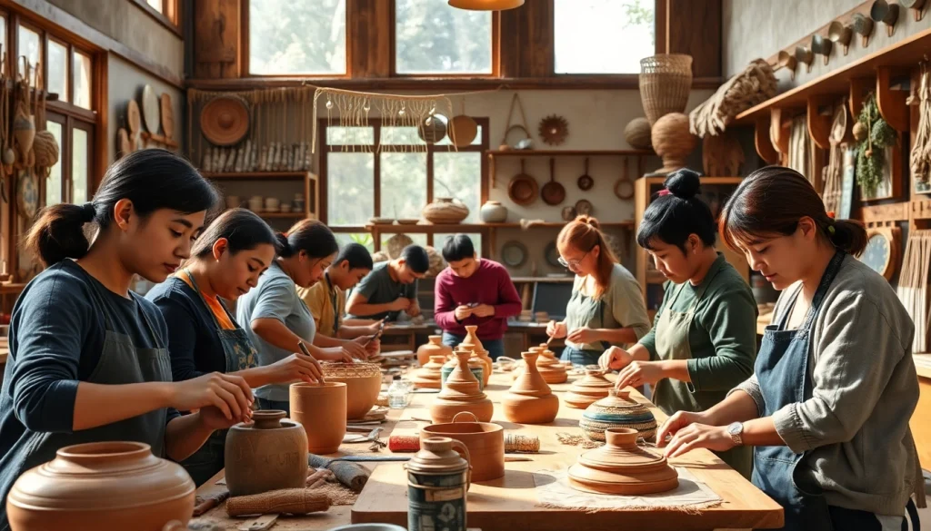 Engaged trainees actively practicing skills in a craft trainee program workshop.