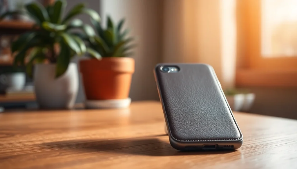 Handytasche Magnetverschluss in einem eleganten Design auf einem Holztisch präsentieren.