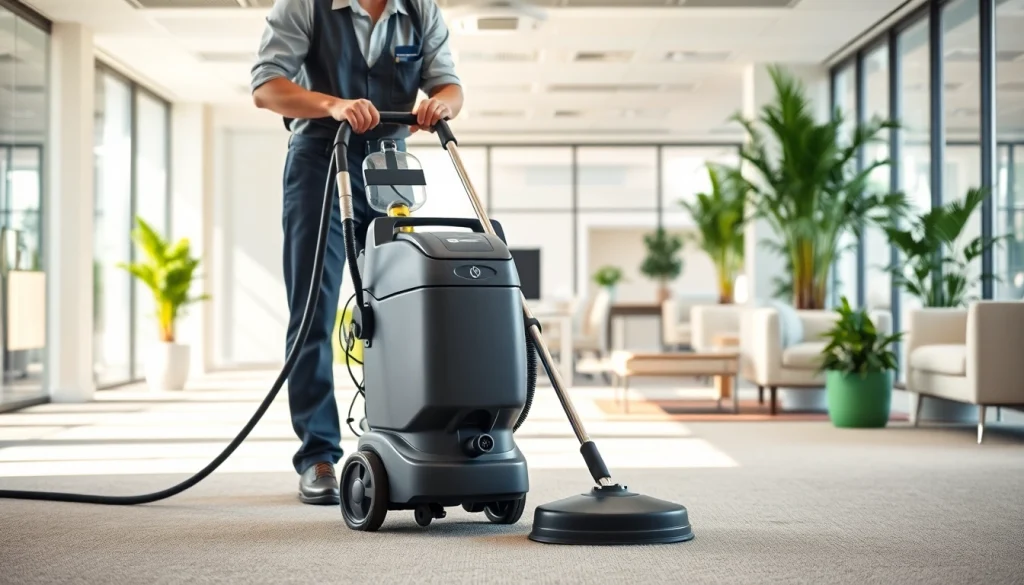 Commercial carpet cleaners efficiently working in a well-lit office space demonstrating high-tech equipment.