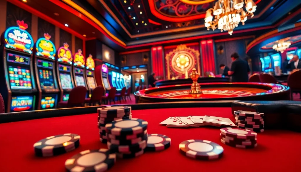 Scène passionnante de casino en ligne Français avec roulette, jetons de poker et machines à sous vibrantes.