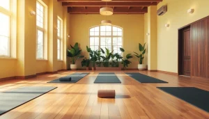 ホットヨガおすすめのコンセプトを展示した温かく魅力的なヨガスタジオで、ヨガマットと落ち着いた装飾が施されています。