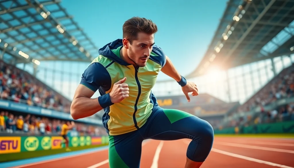 Athlet zeigt mit phantastischer Sportausrüstung, die den Begriff phantom athletics verkörpert.