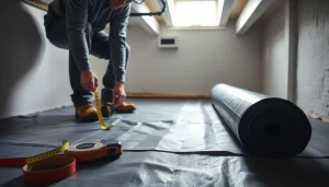 Vapor Barrier Installation in a crawl space with professional tools demonstrating the process.