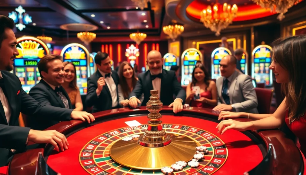 Un jeu de roulette animé dans un casino en ligne Français de luxe, capturant l'excitation des joueurs et l'action des paris.