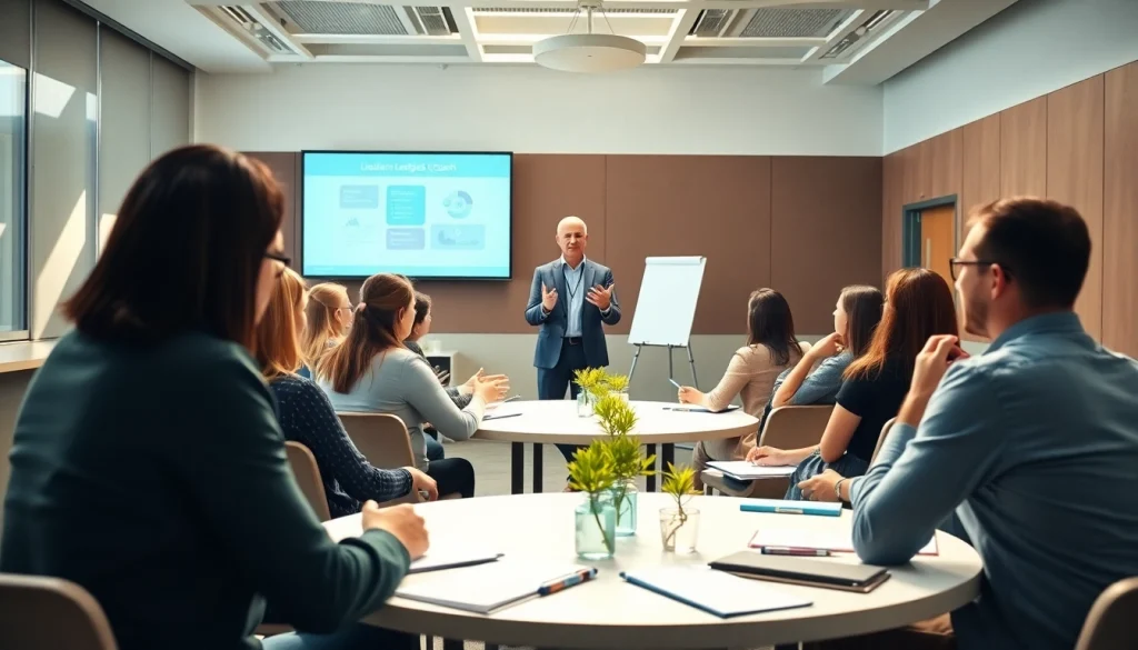 Engaging leadership coach conducting an interactive workshop with attentive participants.
