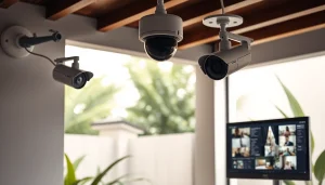 Cámaras de seguridad en Liberia mostradas en un entorno doméstico moderno, que exhibe tecnología avanzada e interfaces de usuario.