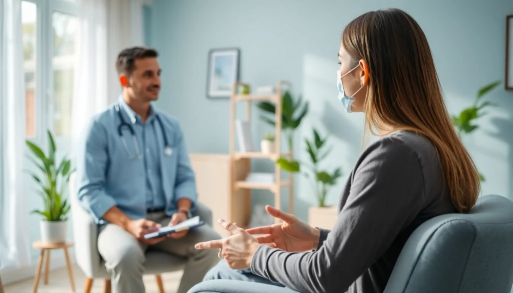 Counseling session addressing anxiety symptoms with therapist and client in a calm office.