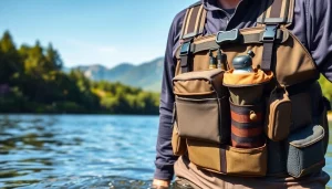 Angler utilizing a fly fishing chest pack for efficient gear organization and accessibility.