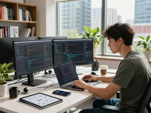 Developer focusing on the image to prompt task in a modern workspace with coding screens.