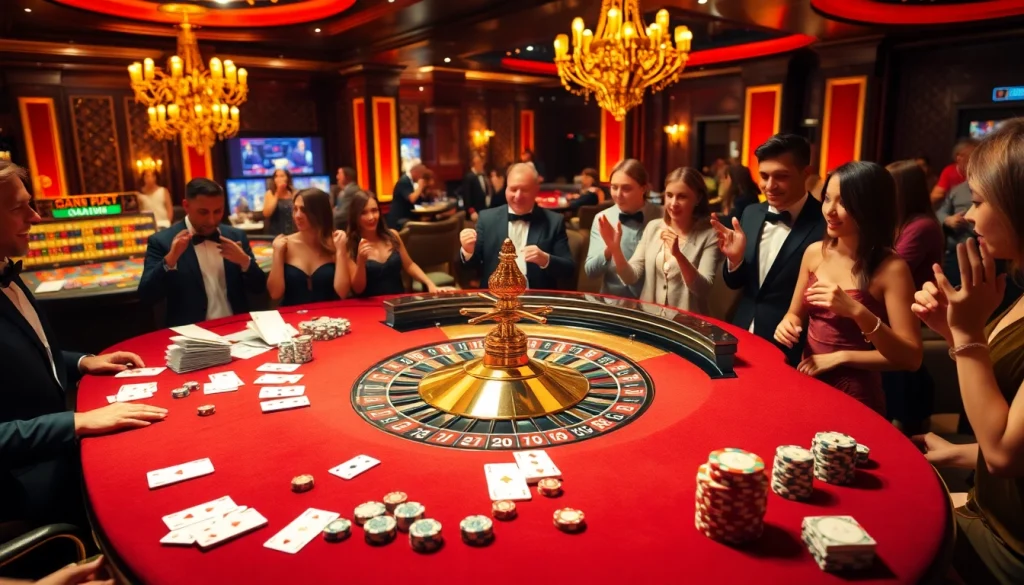 Action de jeu excitante au meilleur casino en ligne 2026 avec roulette, jetons de poker et joueurs enthousiastes.