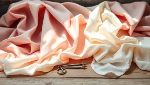 Zachte stof voor kleding gekozen op een houten tafel met diverse texturen en kleuren.