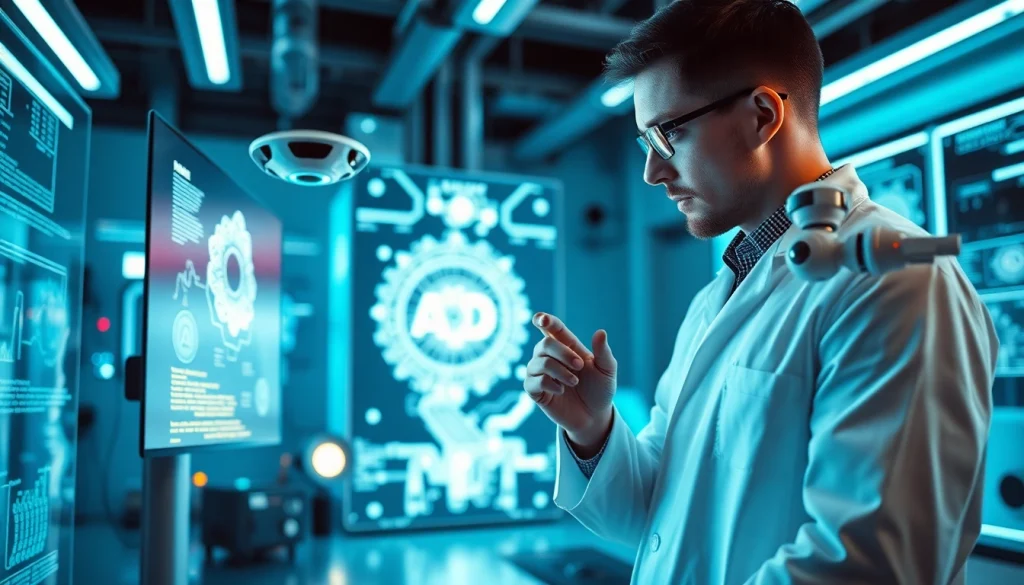 AI image prompt generator in a high-tech lab environment with a scientist and robotic assistant.