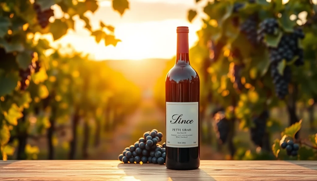 Pouring a glass of petite sirah next to an elegant vineyard, showcasing its rich color and quality.