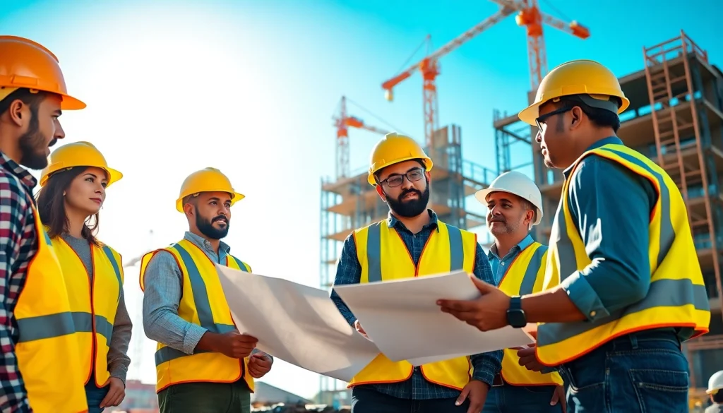 Construction career collaboration on a bustling job site with diverse professionals