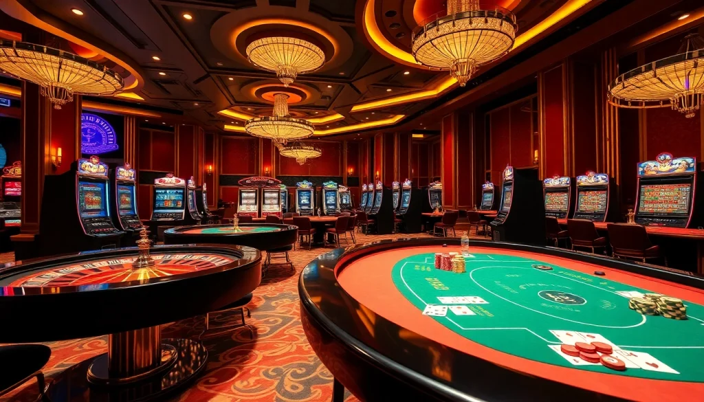 Une scène de casino en ligne France palpitante avec des tables luxueuses, des roues de roulette vibrantes et des jetons de poker colorés.