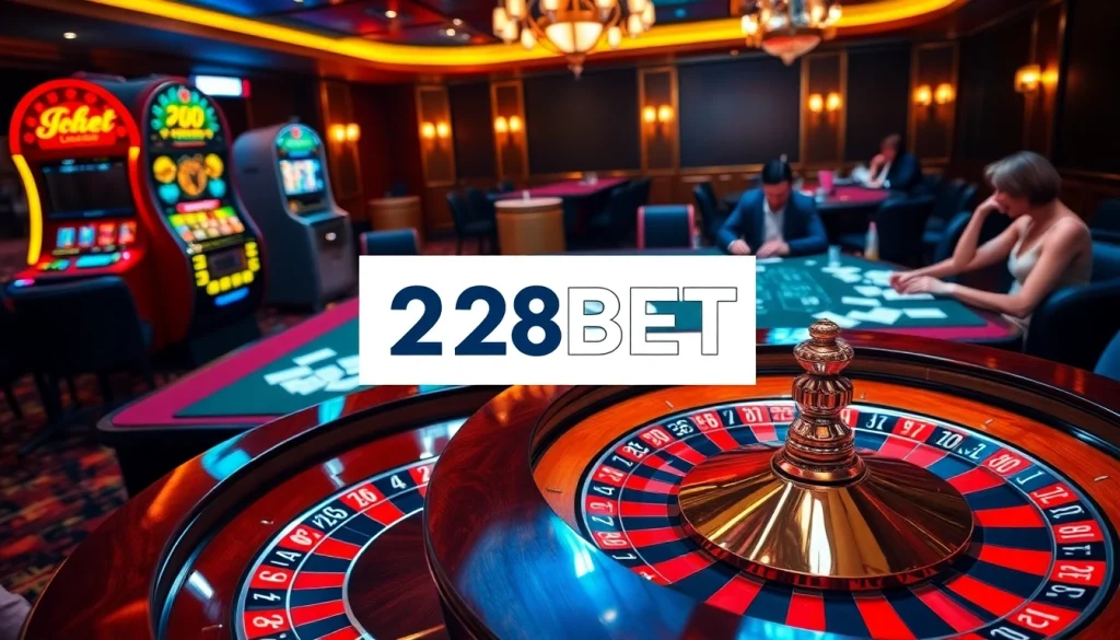 Experience the excitement at 28BET with vibrant casino tables, roulette wheels, and enthusiastic players.