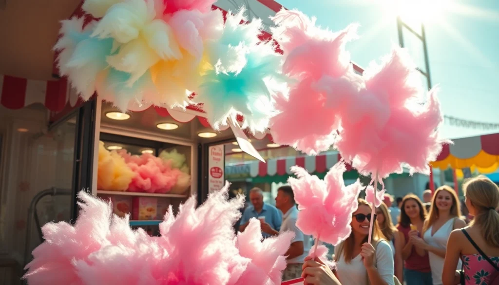 Geniet van goedkope wafelkatoen met vrolijke kleuren en een feestelijke sfeer op een buitenmarkt.