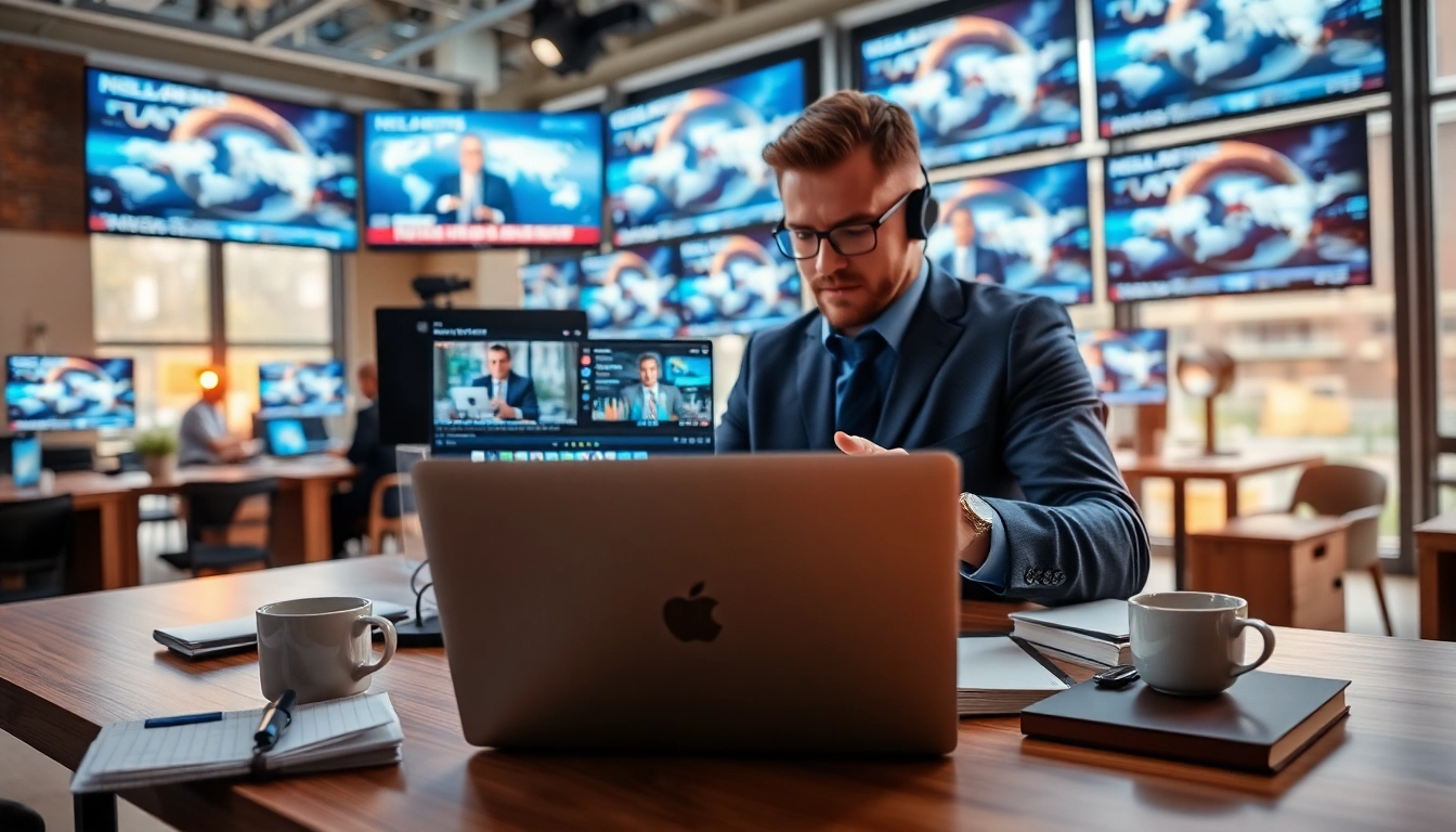 Engaging news coverage with a dynamic journalist in a modern newsroom.